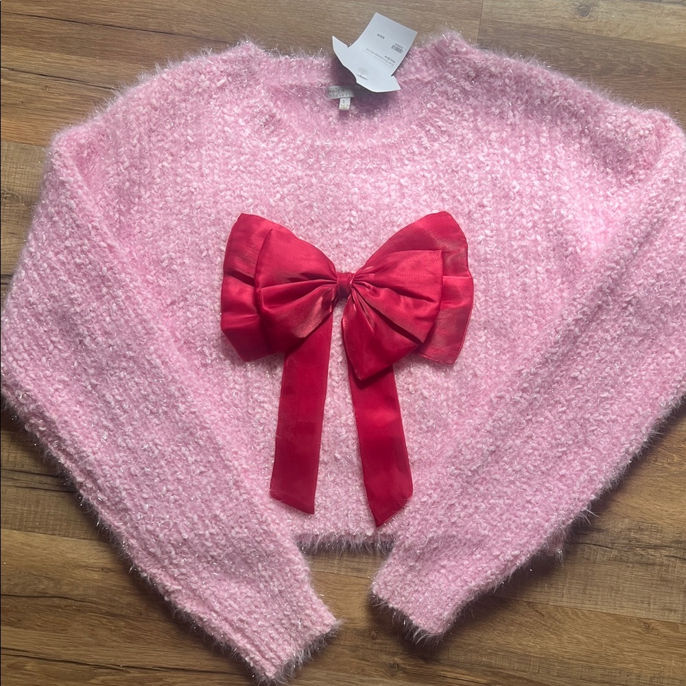 Simply Southern Pink Fuzzy Sweater with Red Bow